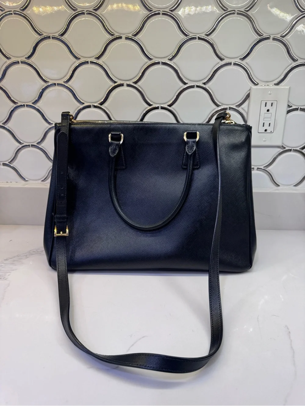 Authentic Prada Black Saffiano Leather Galleria Crossbody Bag with Gold Hardware